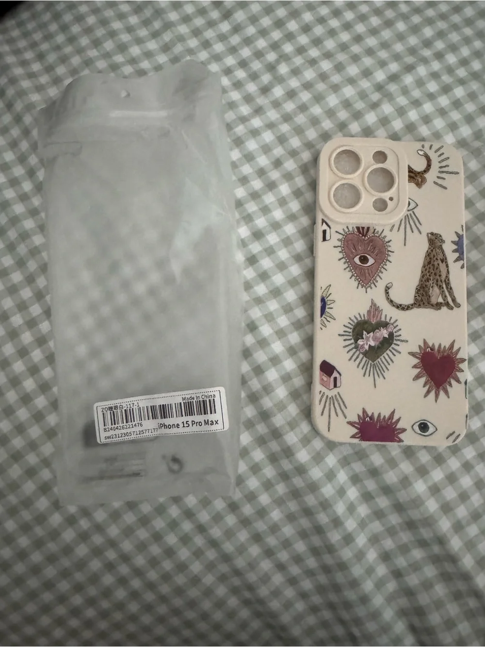 SHEIN Cream Phone Case with Heart, Leopard & Eye Motifs